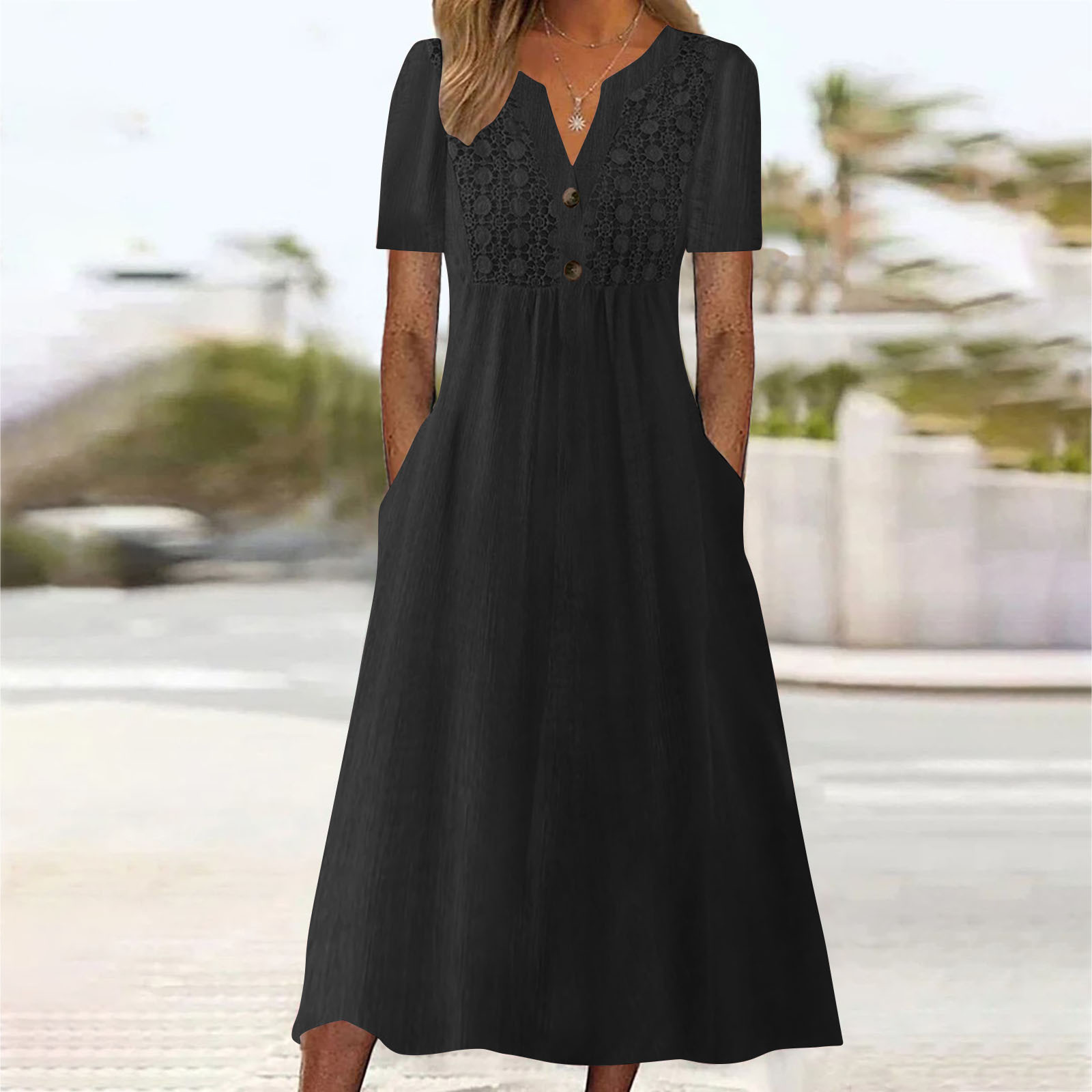 thumbnail image 2 of Vestido largo boho de manga corta con cuello en V y bolsillos para mujer: vestido de playa de poliéster con estampado floral para el verano, 2 of 5